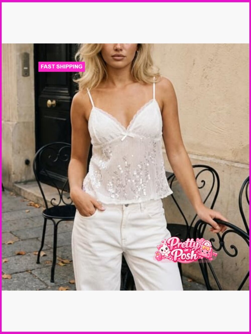 Sequin Cami Top Sheer See Through Backless Crop Tank Top Sparkly Flowy Camisole - Picture 5 of 6